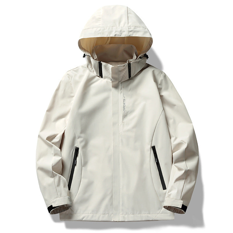 Navy mens windproof hooded jacket with a storm placket zip
