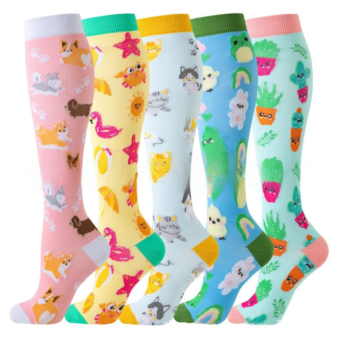 Assorted print knee high compression sport socks laid out side by side