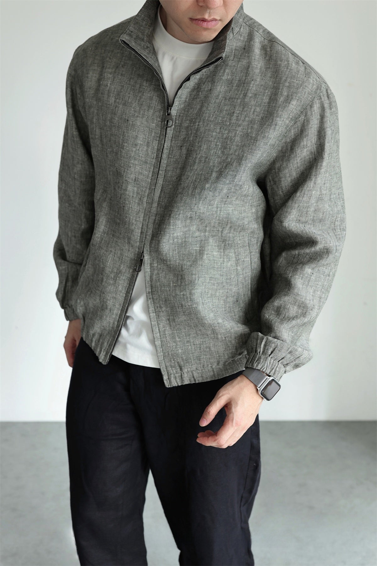 Men's Linen Stand Collar Jacket | everyday wear styled scene