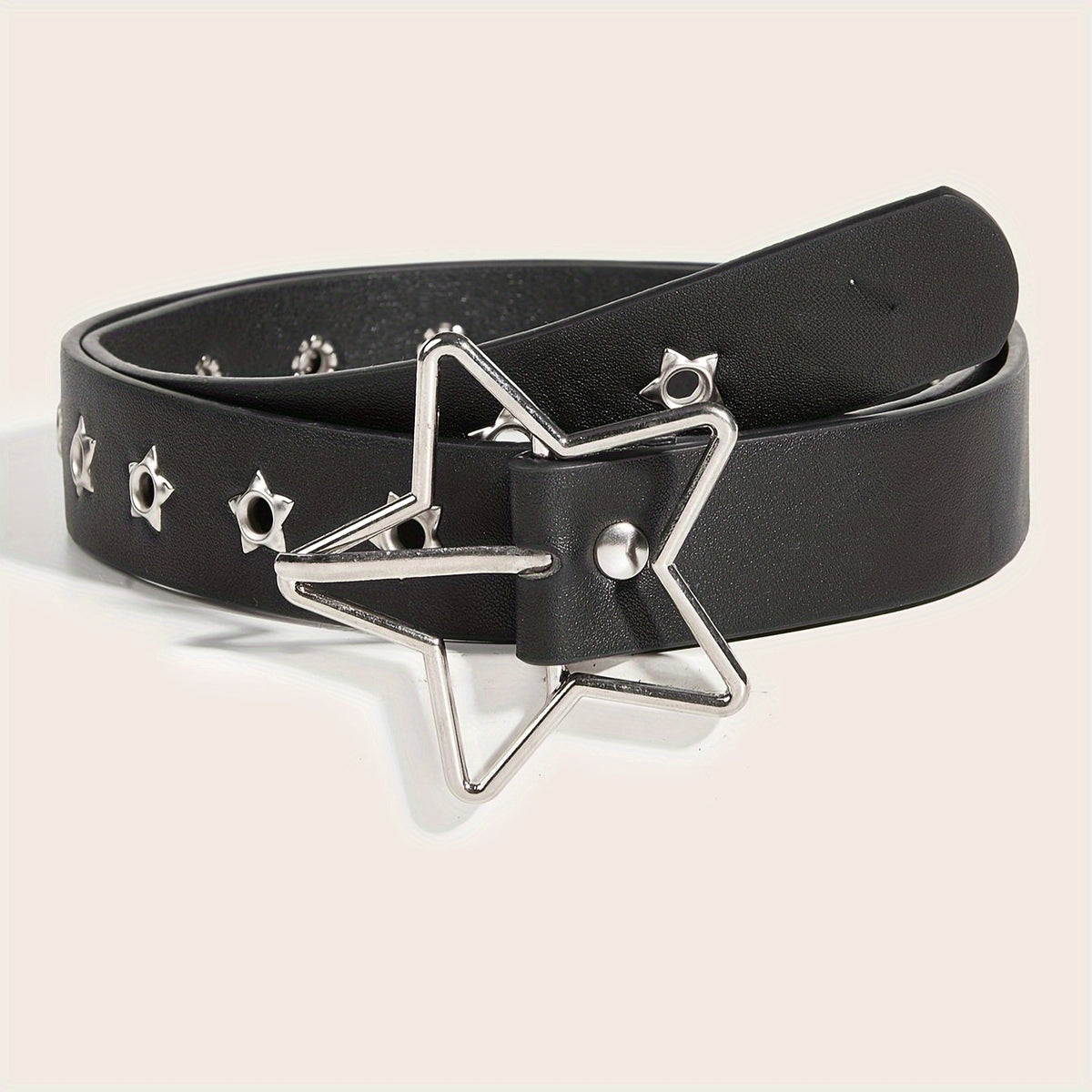 Black PU belt with silver open star buckle and star studs coiled on beige