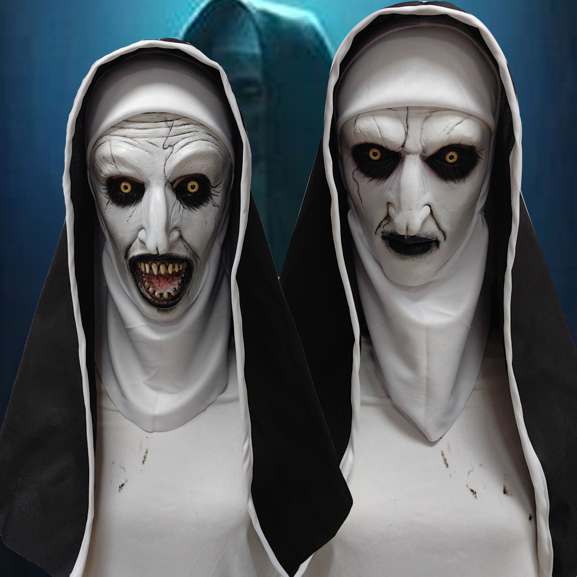Horror nun latex mask with a pale wrinkled face and dark hooded habit