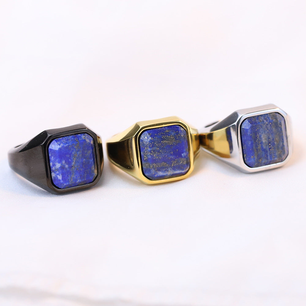 Square lapis lazuli stone set in a black stainless steel geometric signet ring