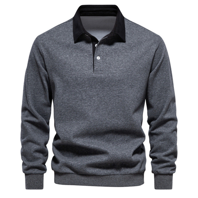 Long sleeve polo collar pullover styled flat in a calm neutral setting