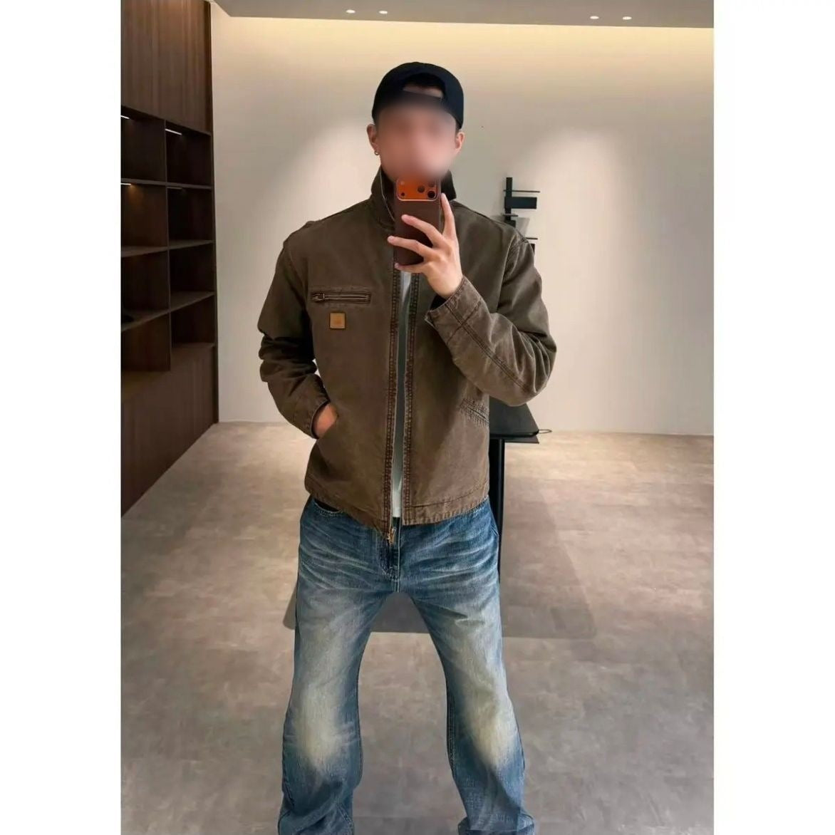Brown retro cotton jacket, option photo for size 2XL, mirror photo with jeans
