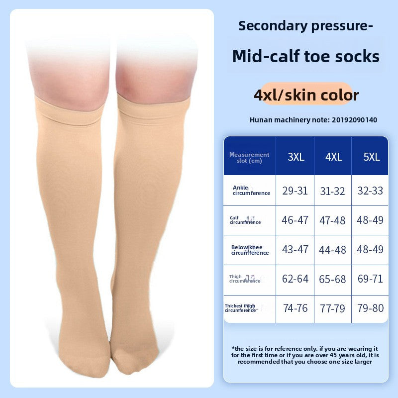 Stretch knit waistband style top of a beige over the knee compression stocking