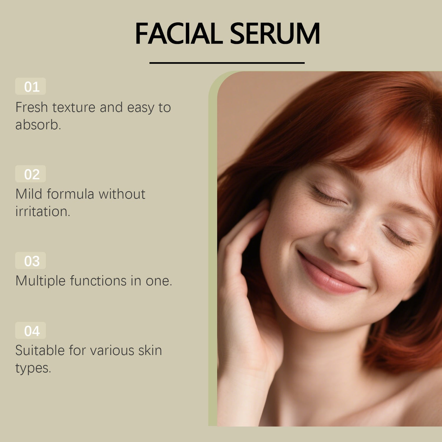 Facial serum information panel noting a fresh texture, mild formula and suitability for various skin types