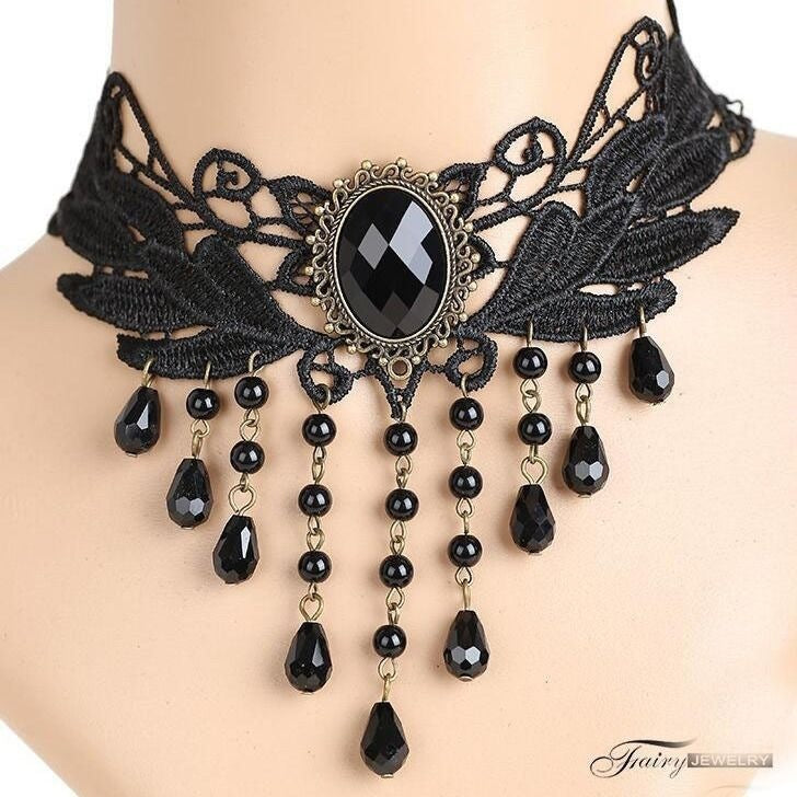 Gothic style vintage lace choker necklace shown close at the neck