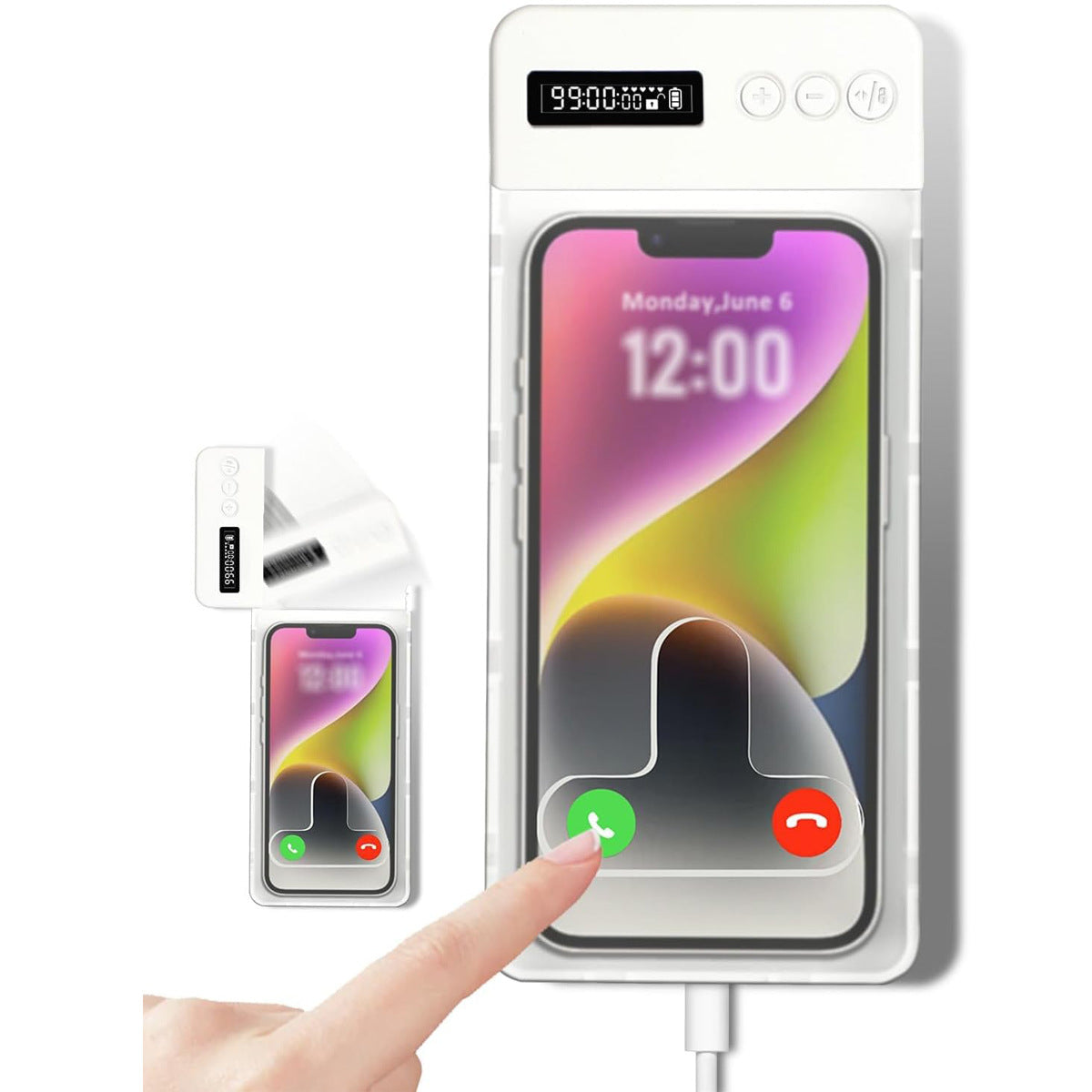 The timer display and lock buttons on top of the transparent phone lock box