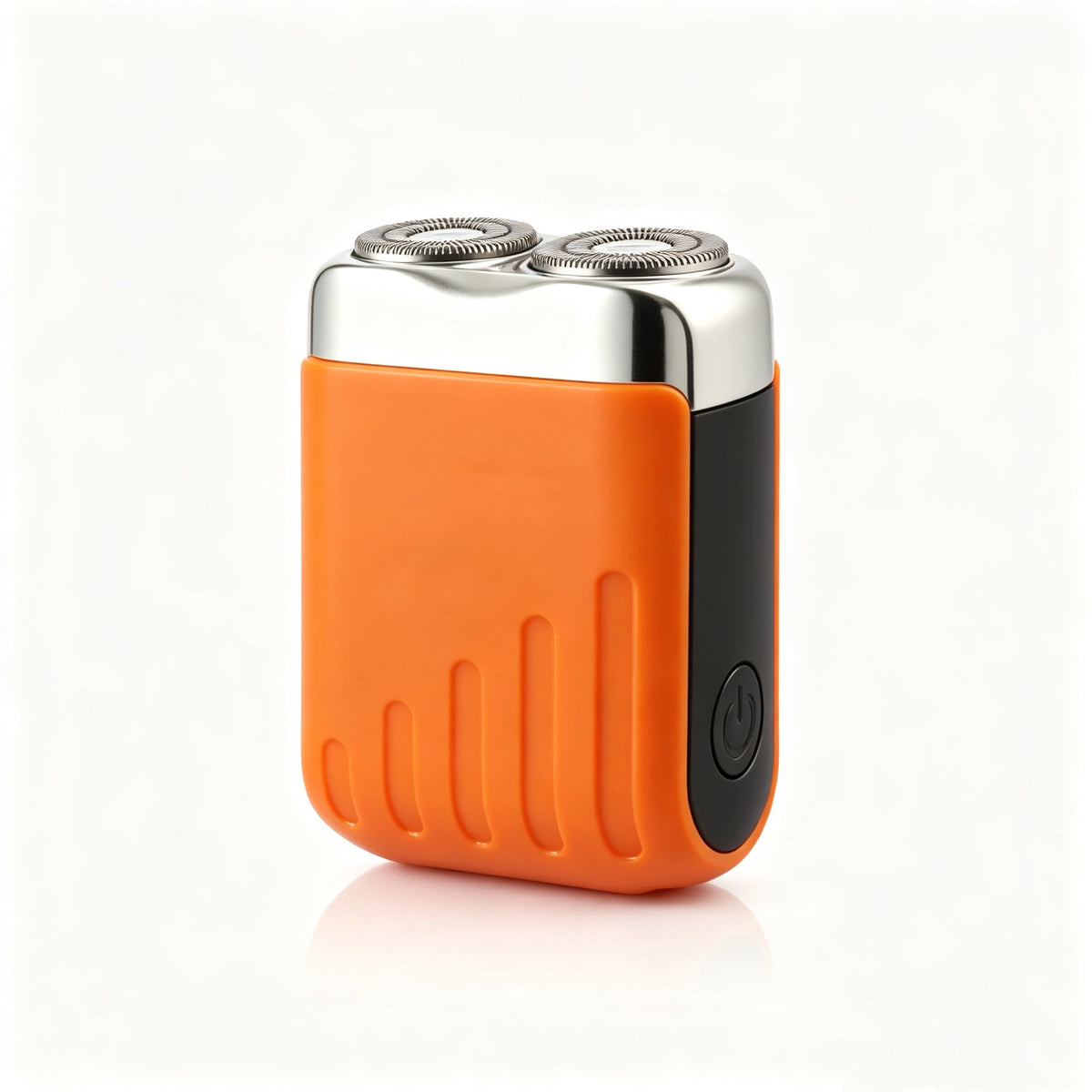 Orange mini rotary electric shaver with two chrome floating heads and a black side button, Orange option