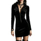 Black bodycon polo dress with front zip, chest pockets and long sleeves on a model against a white background