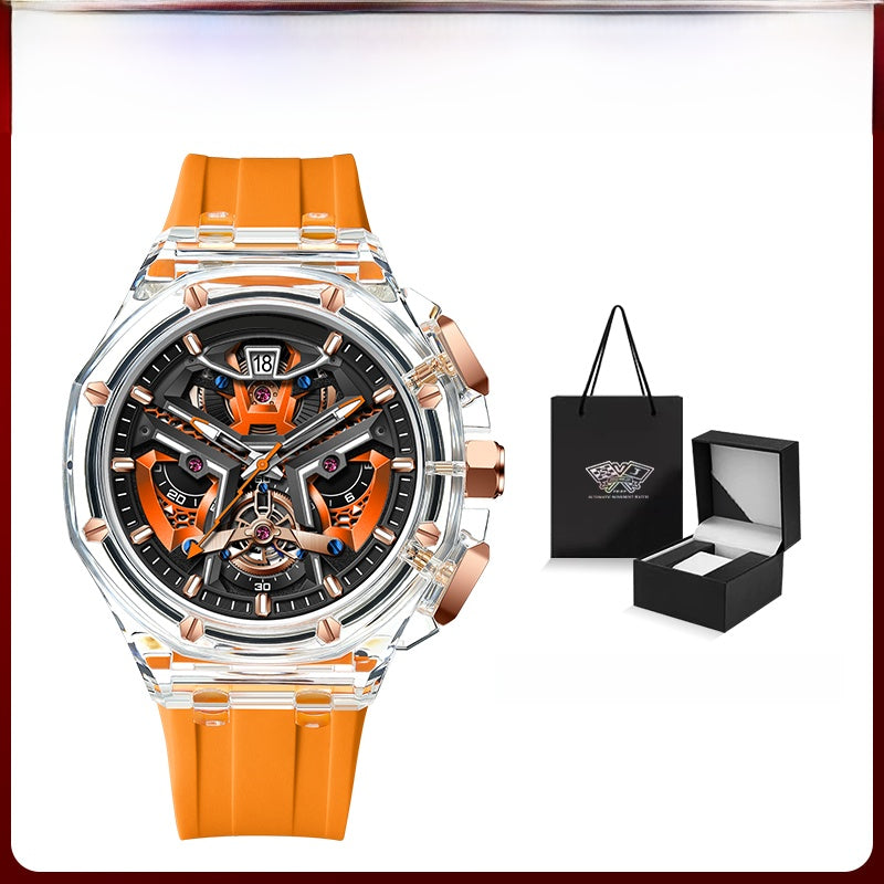 Hollow sports watch in soft studio lighting showing the open dial