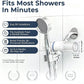 Graphic titled Fits Most Showers In Minutes showing the filter on a handheld shower with an 8.5 in length mark