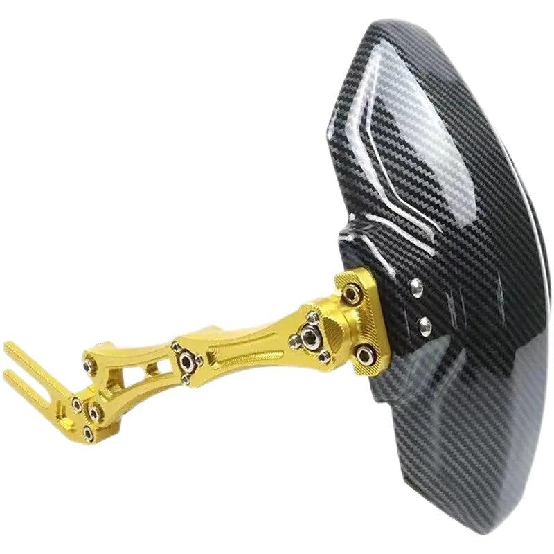 Rear scooter mudguard with gold CNC aluminum bracket and glossy woven-texture black plate, Gold option