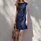 A-line cap sleeve ruched waist mini dress in soft stretch knit, close up of the side ruched high waist