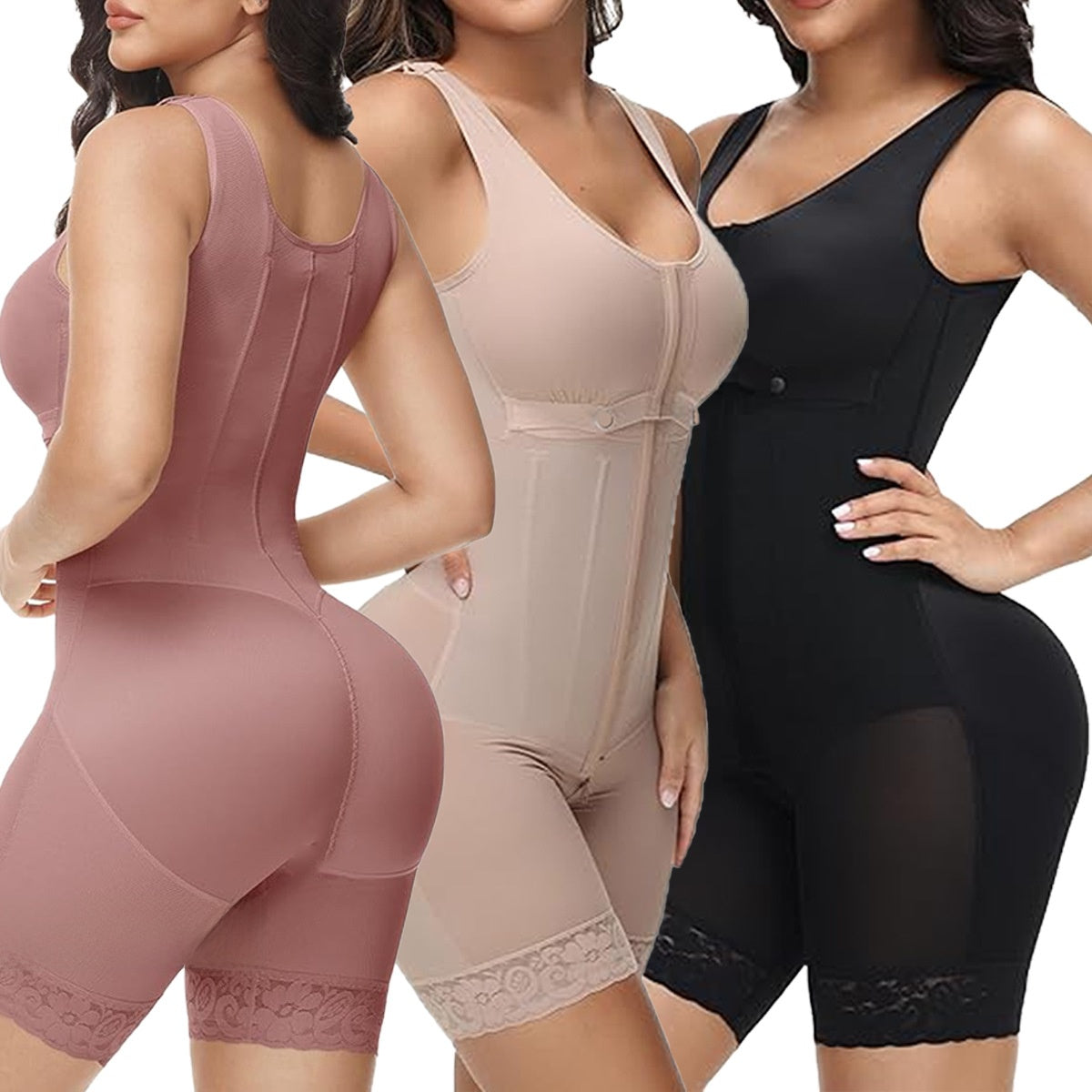 Three models wearing the bodysuit in rose, nude and black, with lace trimmed mid thigh legs