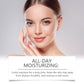 Woman with a hand at her cheek above an All-Day Moisturizing text card for the capsule cream