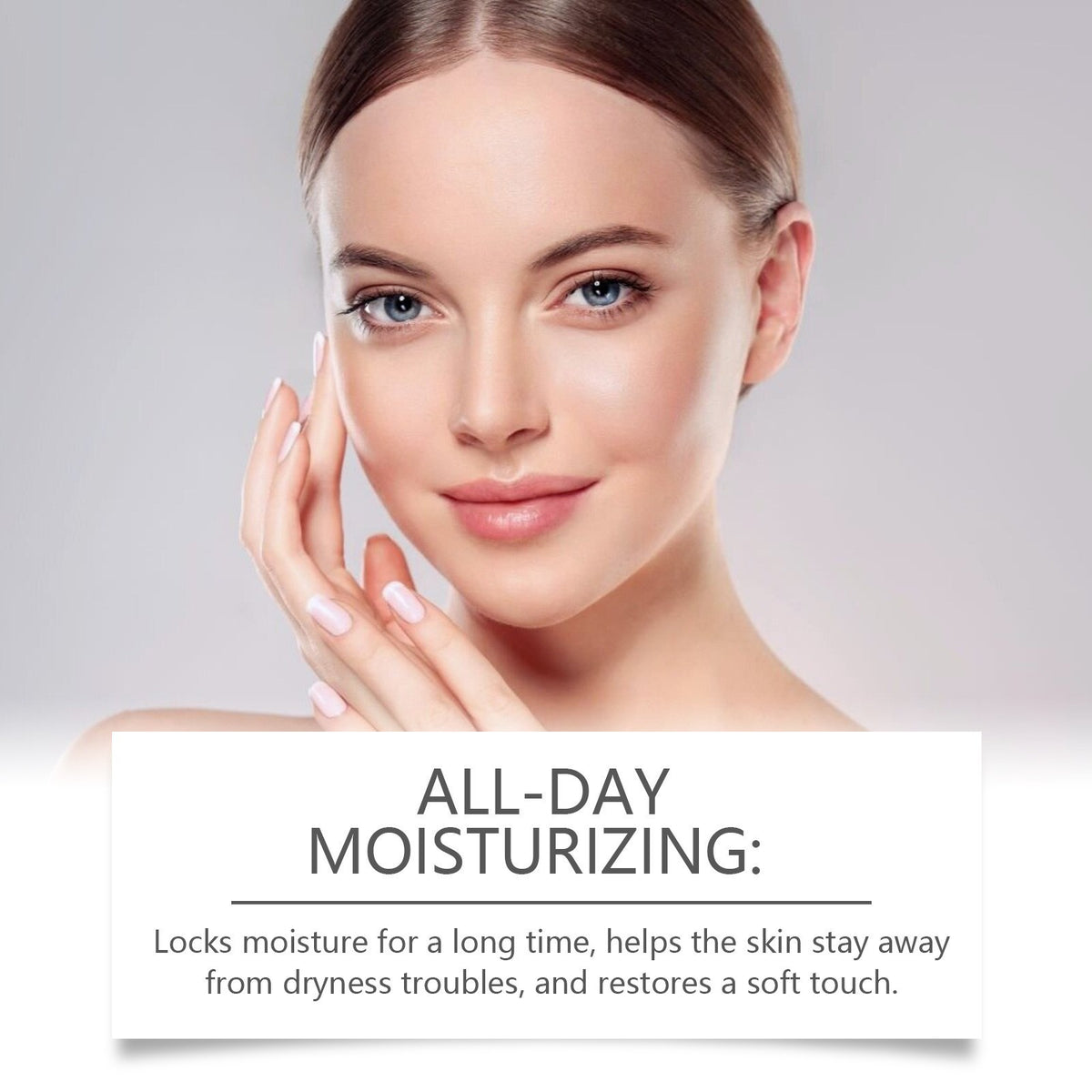 Woman with a hand at her cheek above an All-Day Moisturizing text card for the capsule cream