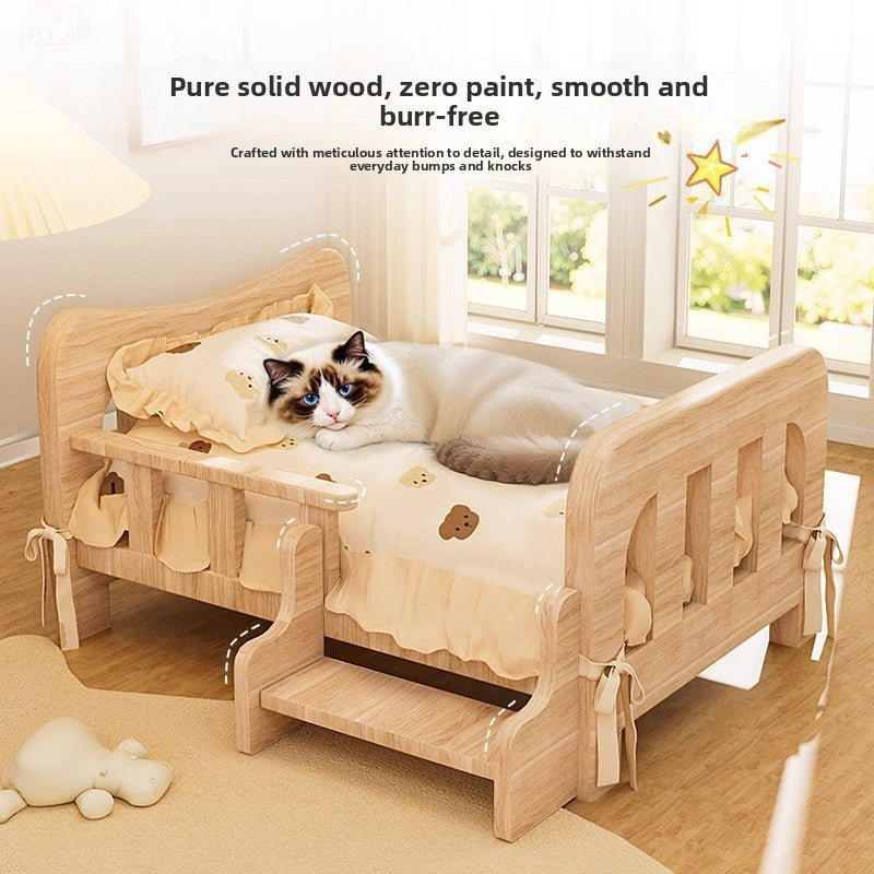 Cat lying on a solid wood pet bed with ruffled bear print bedding and a front step