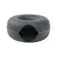 Pink felt donut cat tunnel bed shown from the front with the top nest opening visible