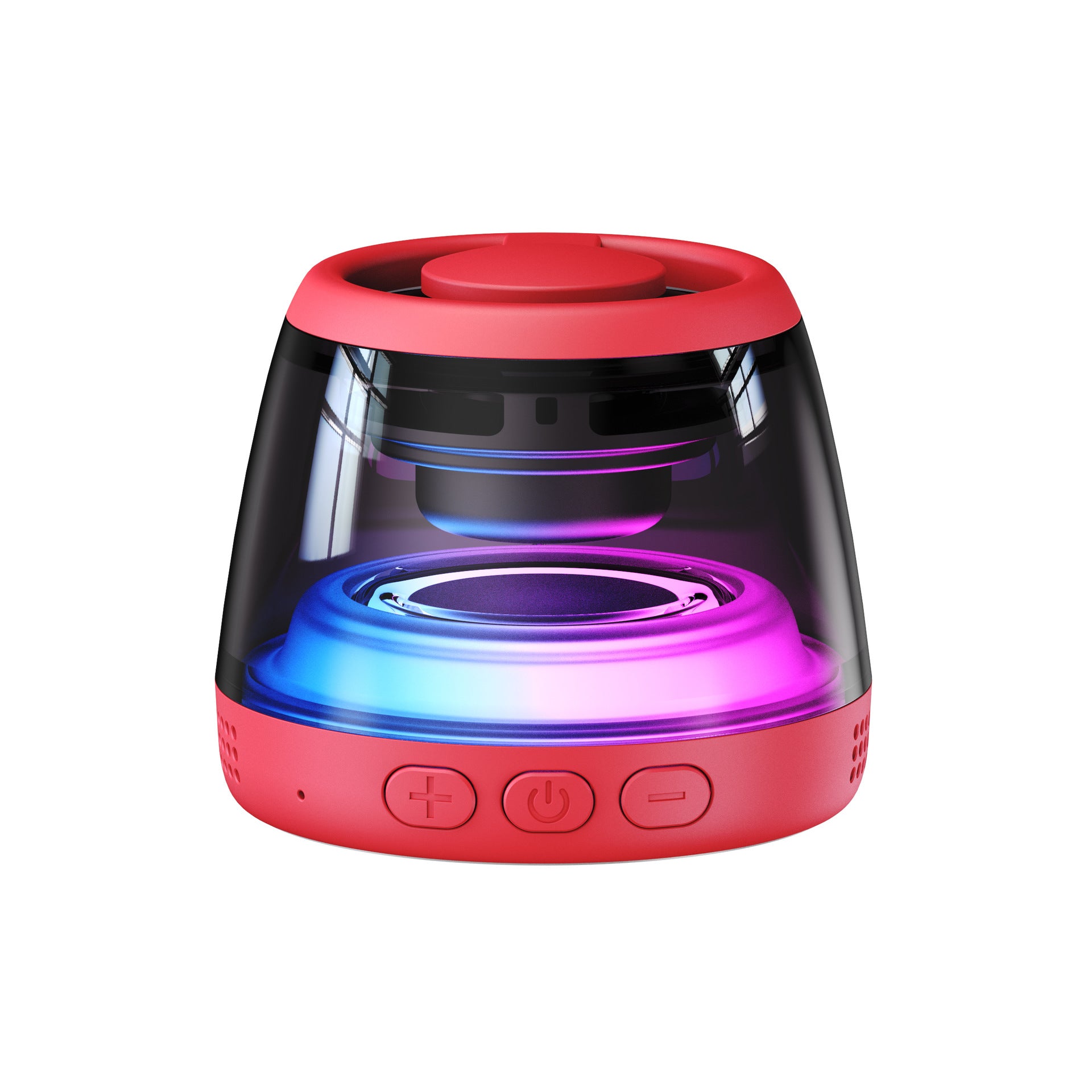 Red rimmed magnetic speaker with the internal light glowing blue and pink