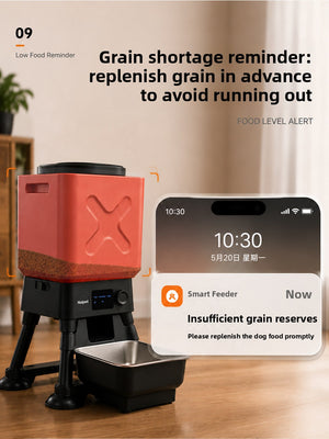 Coral hopper automatic dog feeder on a black stand with a steel bowl beside a phone showing a low food notification