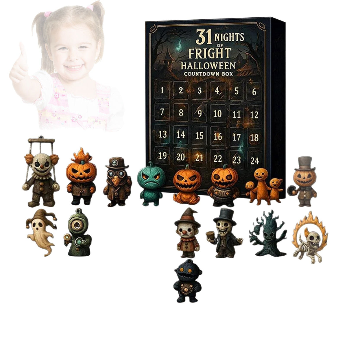 31 Nights of Fright countdown box shown next to a spread of PVC horror mini figures in orange and green
