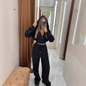 Full-zip hoodie of the casual two-piece set shown closed