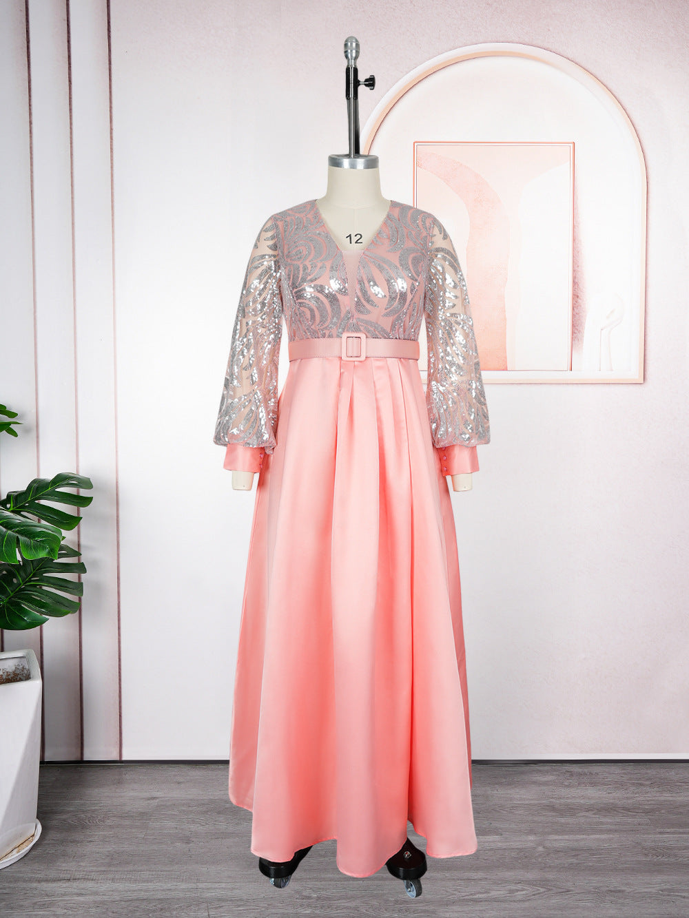 Pink maxi dress with silver sequin mesh bodice and lantern sleeves, Pink option photo