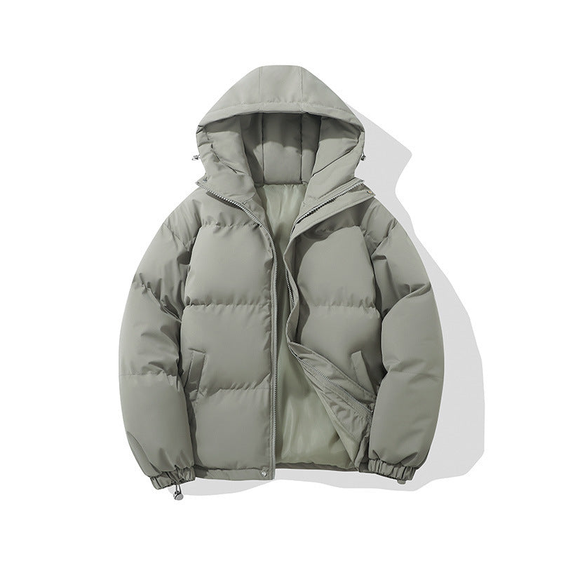 Hooded padded puffer jacket in gray green, cuff detail