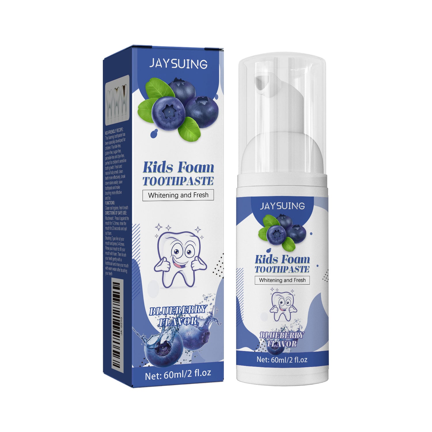 Blueberry kids foam toothpaste pump bottle standing beside its blue 60 ml retail box