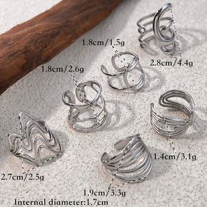 Maker spec image dimensioning six line rings, faces 1.4 to 2.8 cm, internal diameter 1.7 cm