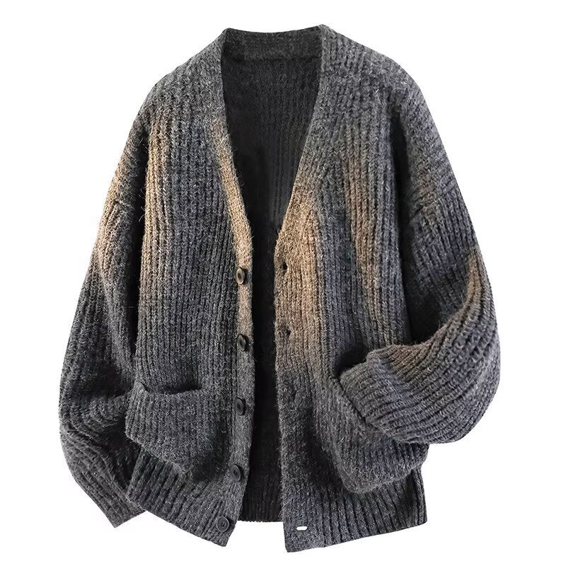 Dark Gray ribbed knit V-neck cardigan with buttons and patch pockets, Dark Gray option, size M