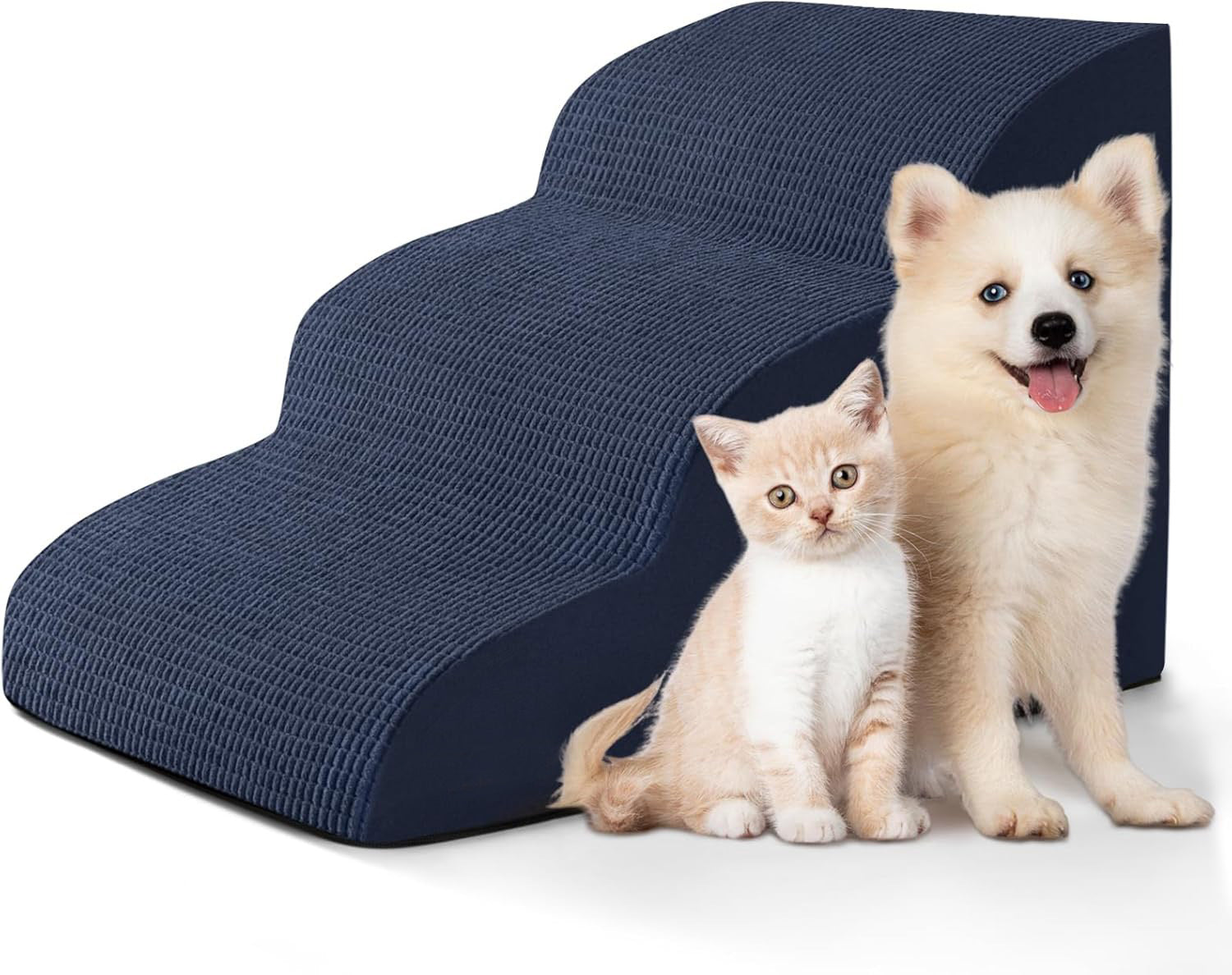 Non slip foam pet stairs shown beside furniture, gentle rise between treads for cats and small dogs