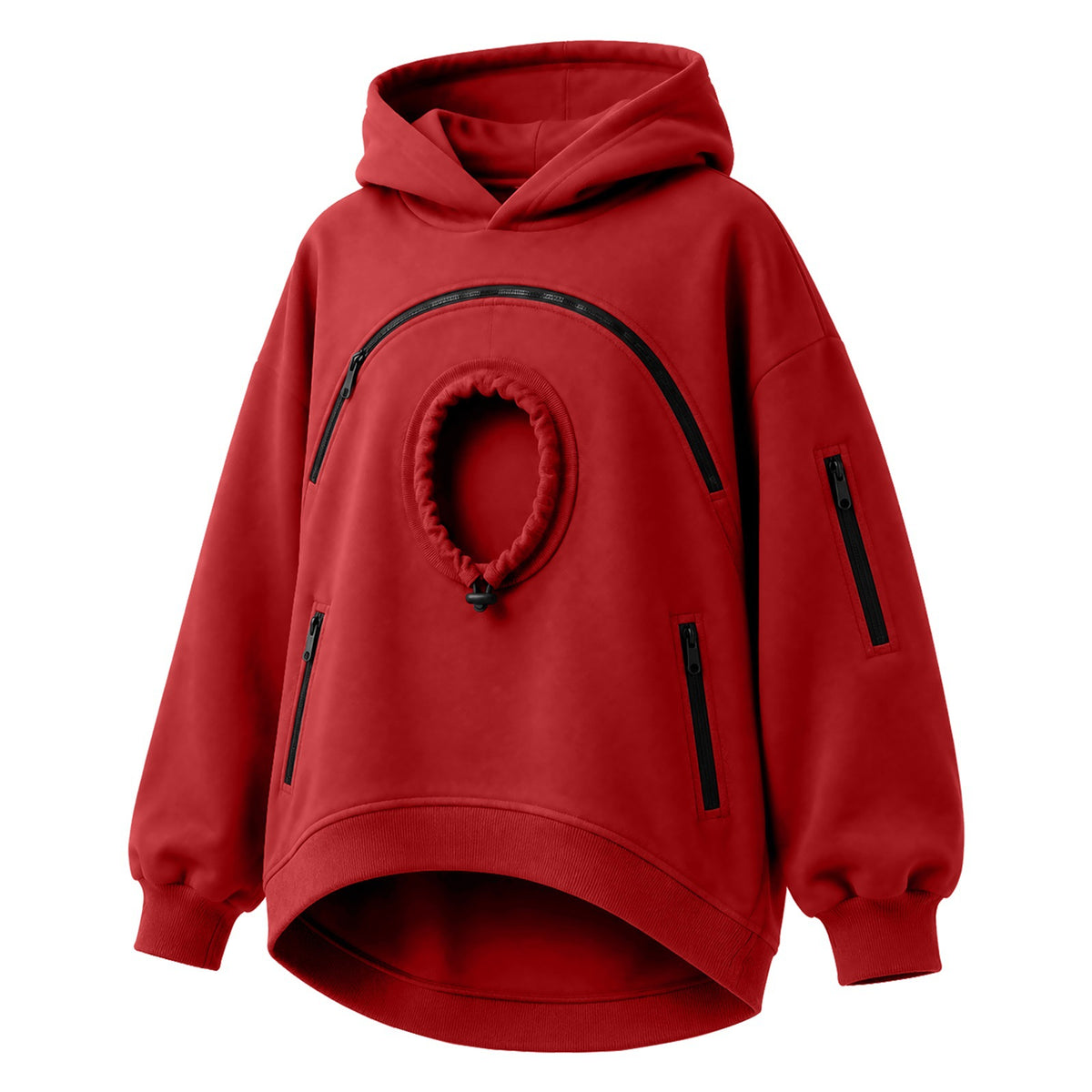 Red oversized fleece hoodie with round cat pocket and arched zipper, third red option photo