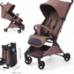 Warm brown foldable travel stroller shown reclined open and folded upright