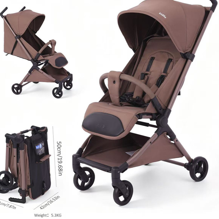 Warm brown foldable travel stroller shown reclined open and folded upright