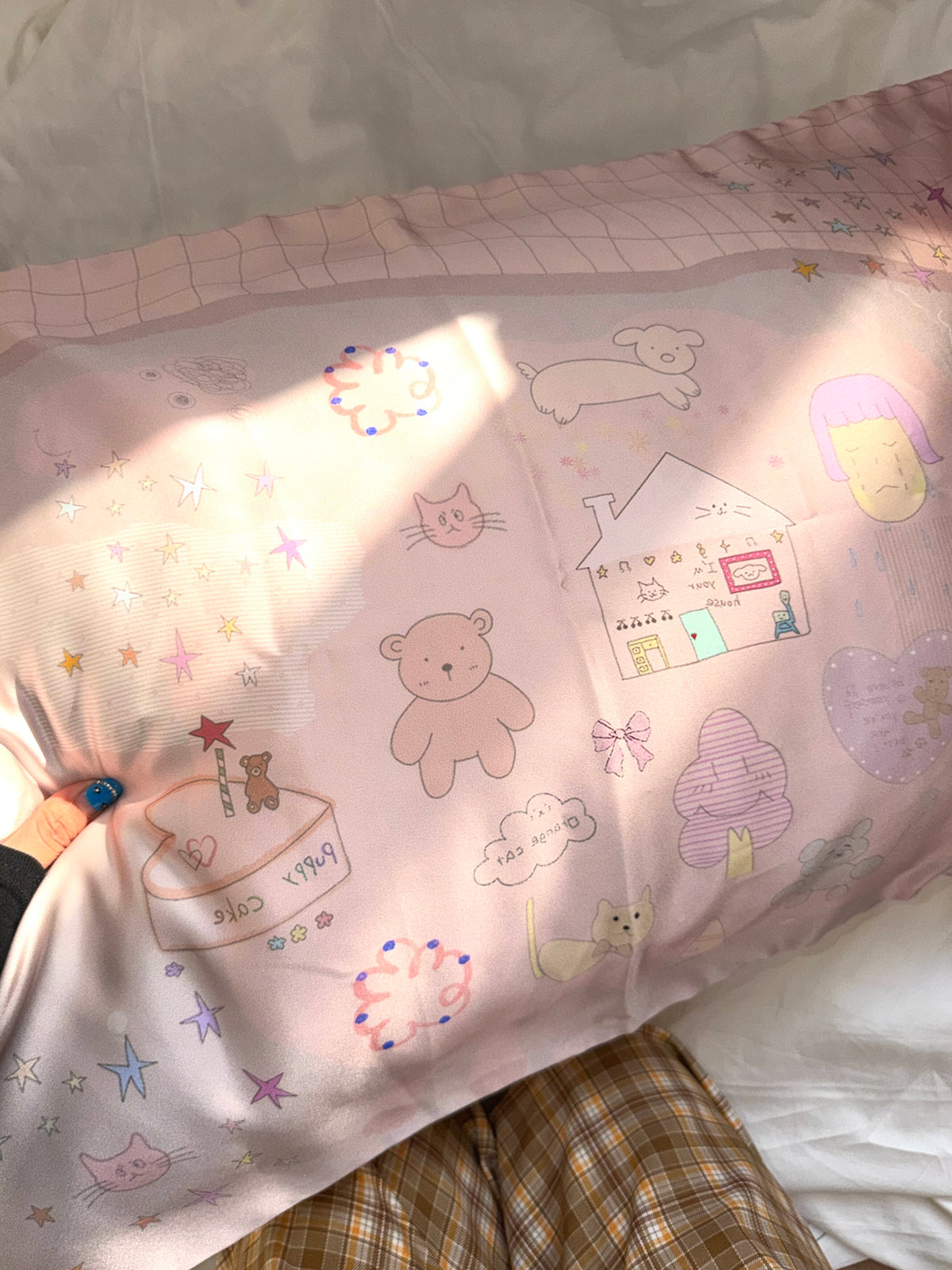 Sheep paradise silk pillowcase with illustrated bears, cats and houses on pink