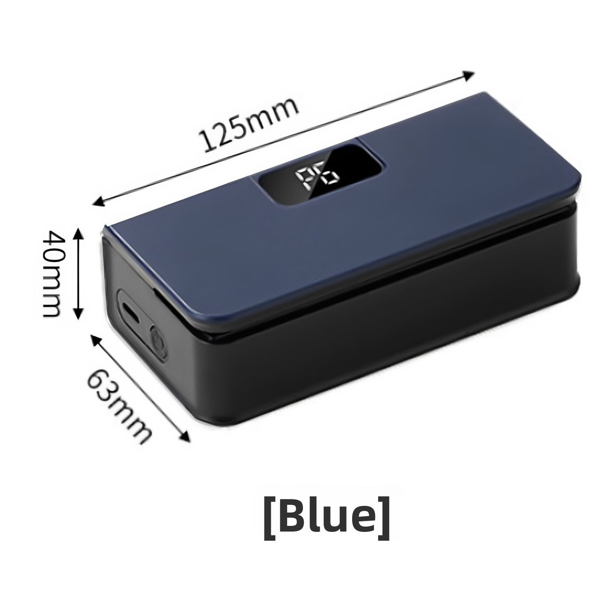 Blue and black mini heat sealer with a digital display and its 125 x 63 x 40 mm dimensions shown, Blue variant