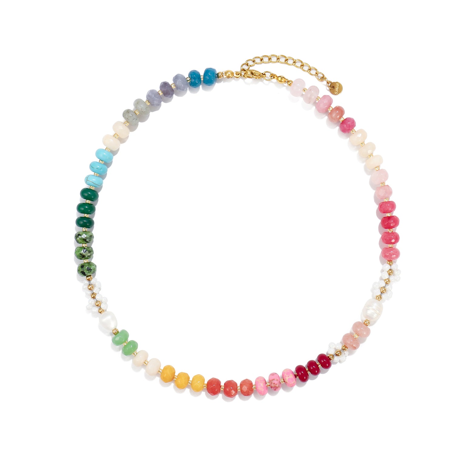 Beaded necklace shown on a neck to show how the stone and pearl strand sits at the collarbone
