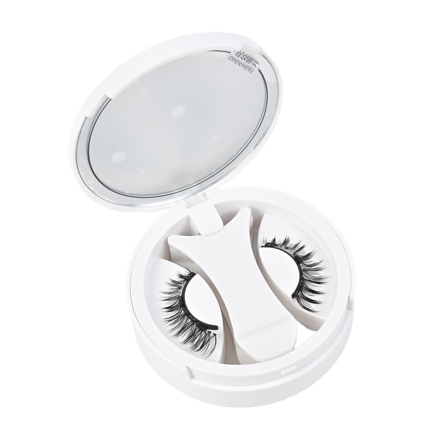 Magnetic false eyelashes shown next to a hand for scale reference