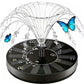 Floating solar fountain with a fan of water arching over the black solar disc and two blue butterflies