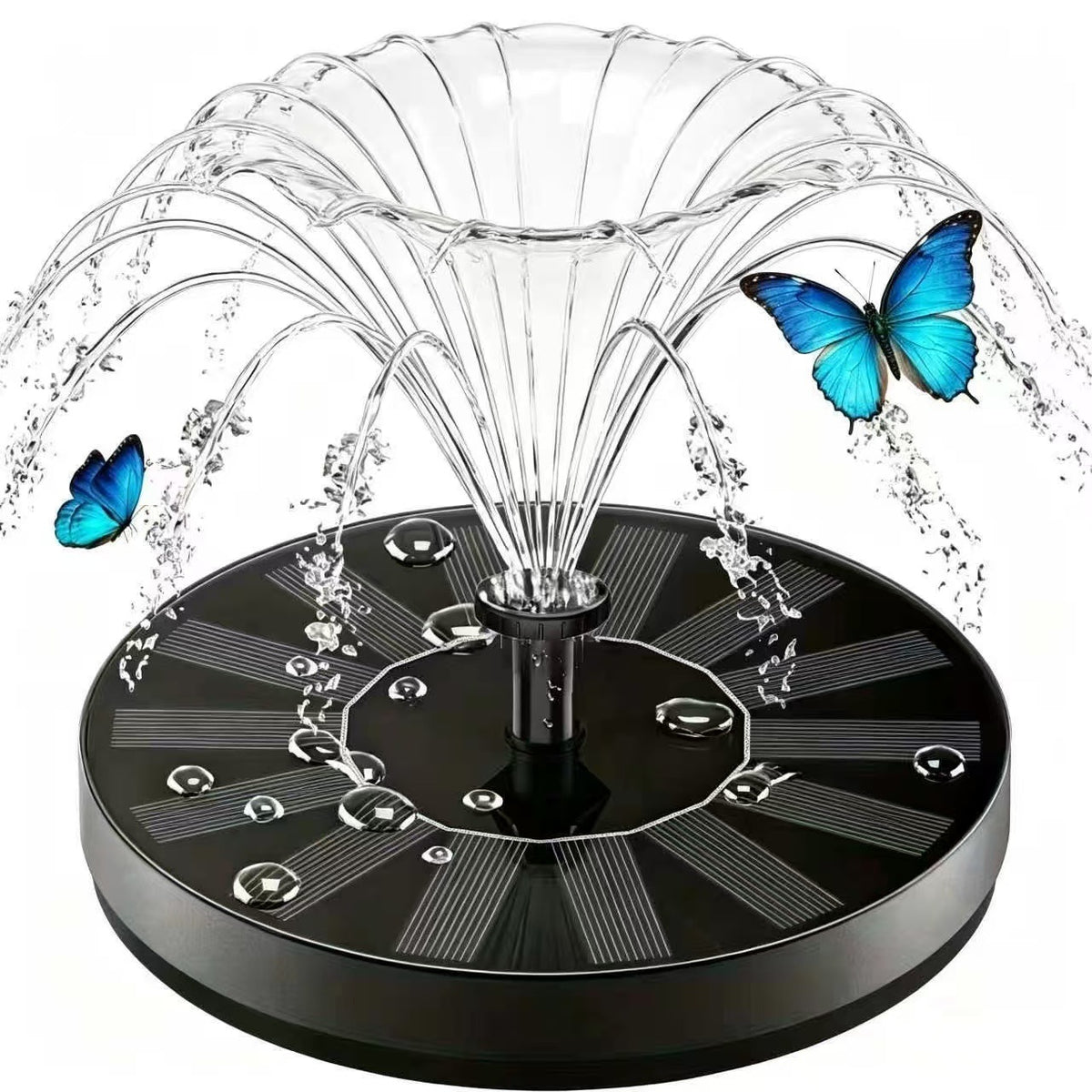 Floating solar fountain with a fan of water arching over the black solar disc and two blue butterflies