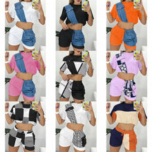 Women's Color Block Denim Panel Shorts Set