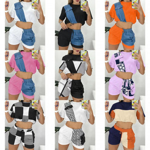 Women's jersey crop top and shorts set with a contrasting denim panel, front view