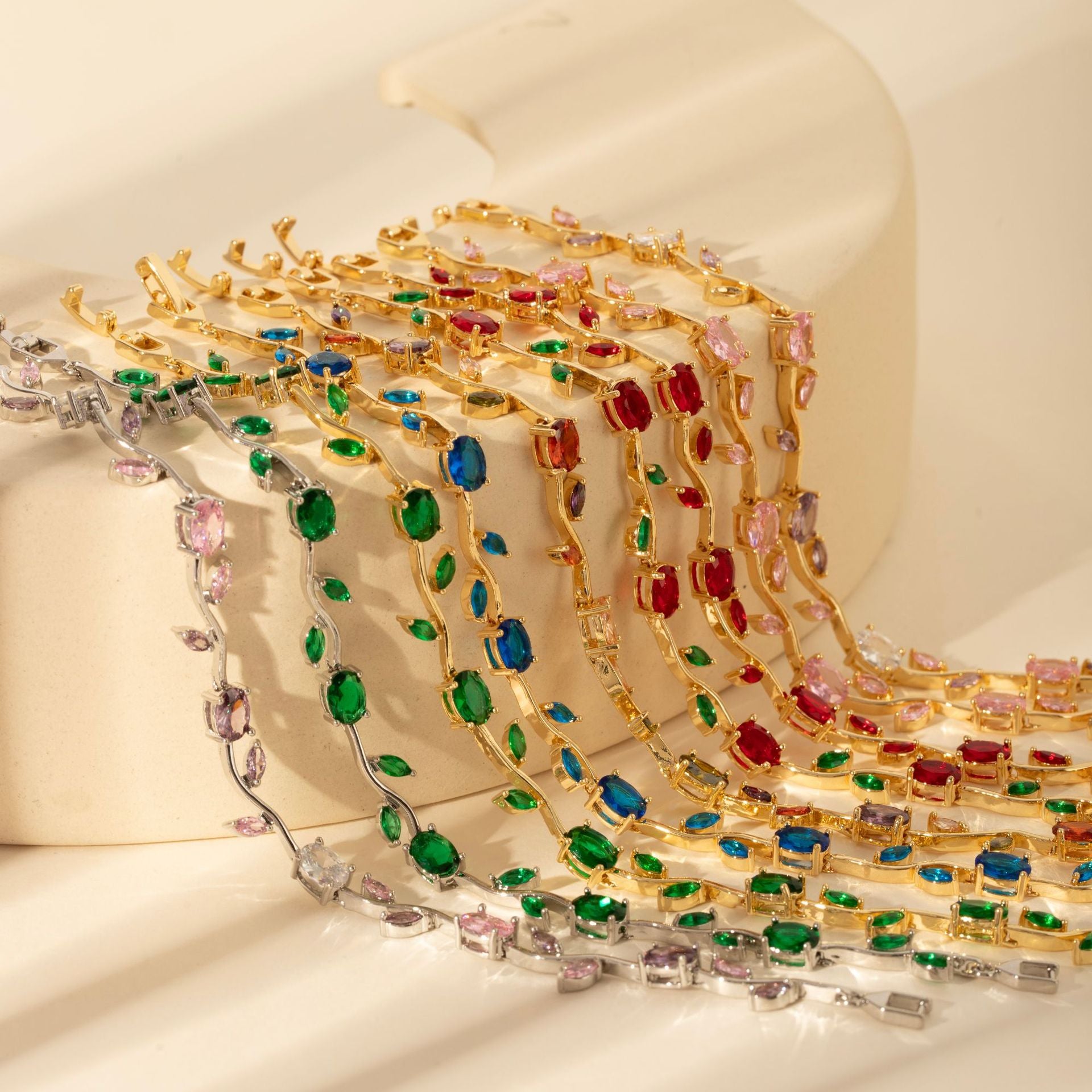 Top down view of the gold leaf bracelet laid flat to show the full chain