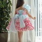 Close up of pink fabric and bodice on the princess bow dress
