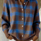 Dark brown option photo of a brown knit cardigan with a bright blue plaid check, shirt collar, size 5XL