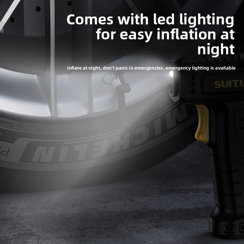Black gun style portable tire inflator showing the trigger grip and metal cylinder body
