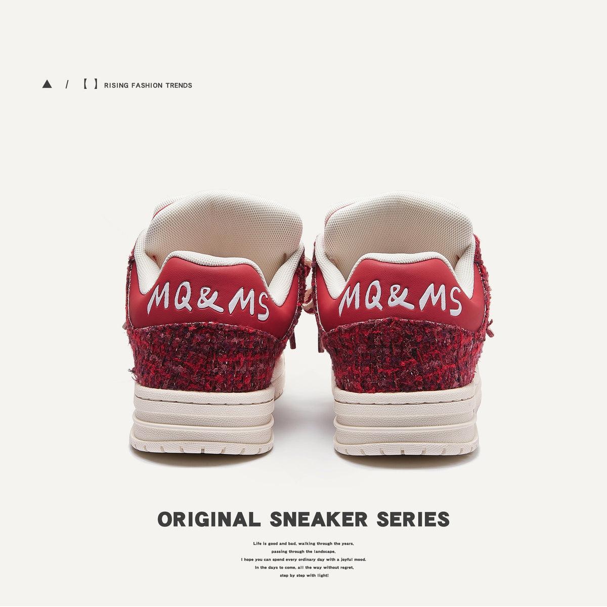 Red tweed lace-up sneakers worn on the feet during everyday use