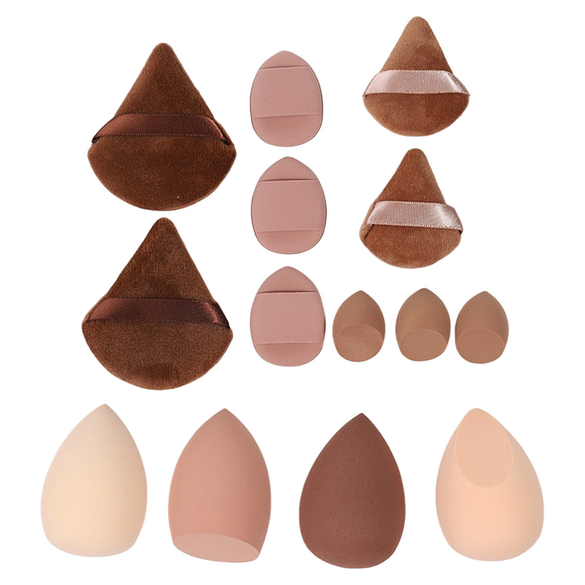Makeup sponge set with teardrop and olive foam blenders and soft velvet powder puffs